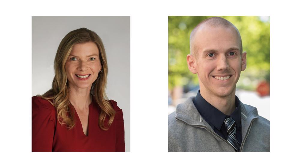 Amy Bodde in red shirt smiling on left. Brian Helsel in black shirt with gray pullover smiling on right