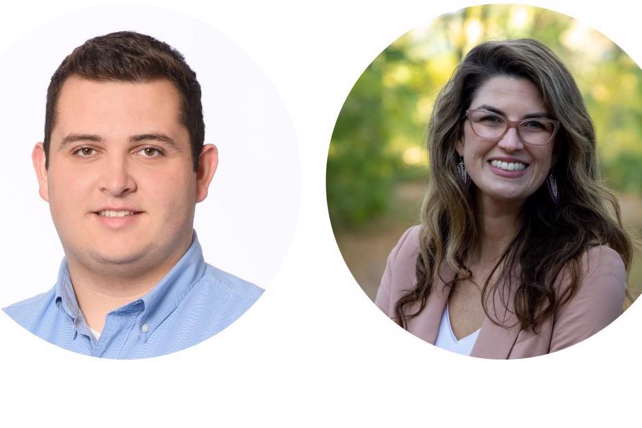 John Tumberger in blue shirt on left, Stephani Stancil in pink jacket on right