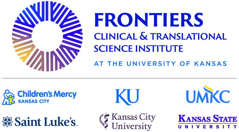 Frontiers Clinical and Translational Science Institute at the University of Kansas with color circle on left. Underneath are logos for Children's Mercy, KU, UMKC, Saint Luke's, Kansas City University and Kansas State University