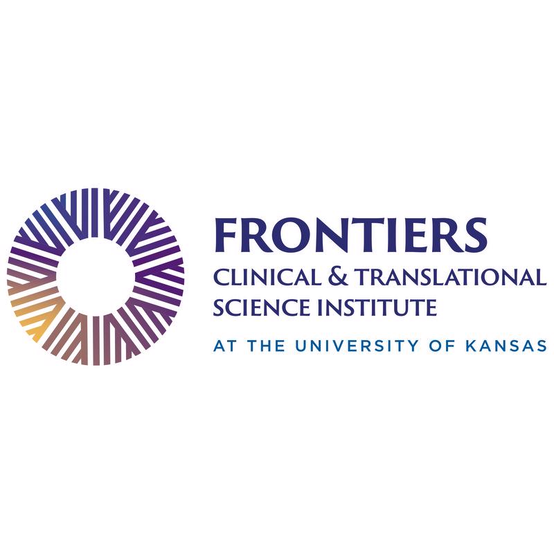 On left, circle logo in various colors from yellow to mauve to blue to purple. On right hand side, Frontiers Clinincal and Translational Science Institute at the University of Kansas