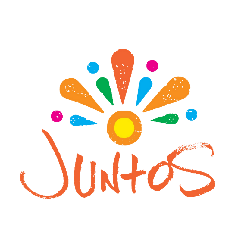 Multi-colored dots and carrot shaped objects above a orange circle that has a yellow circle in the middle and the word Juntos underneath