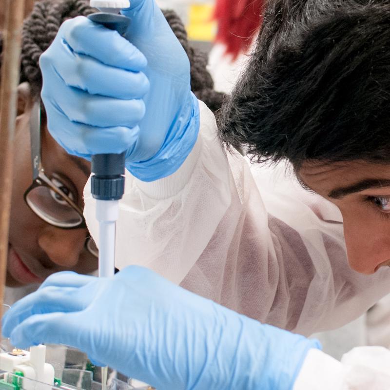 Two people, one is holding a pipette with his right hand and the left is holding the bottom of it. The other person is wearing glasses and watching