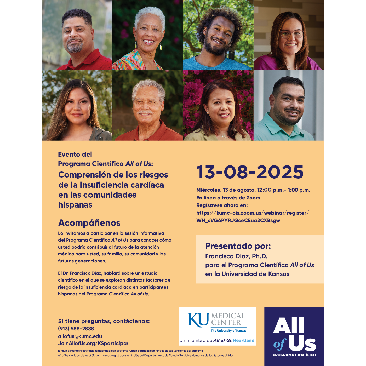 Spanish language flyer for All of Us webinar on heart health