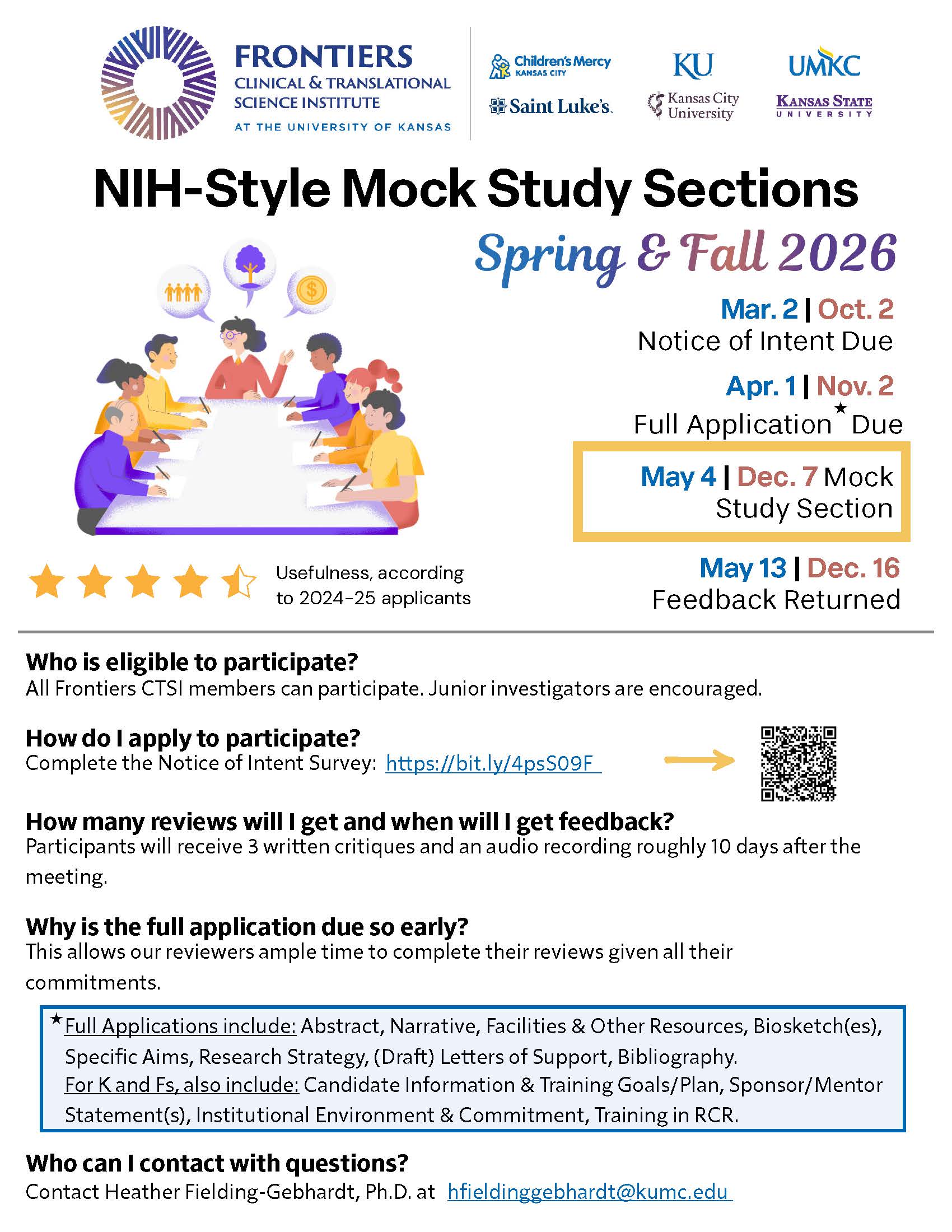 flier about mock study with an image of people sitting at a table, dates for the fall and spring, plus additional information someone applying may find useful